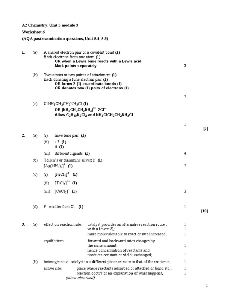 A2 Chemistry, Unit 5 Module 3 Worksheet 6 (AQA Past Examination