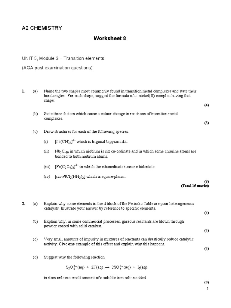 A2 Chemistry Worksheet 8 PDF Catalysis Precipitation (Chemistry)