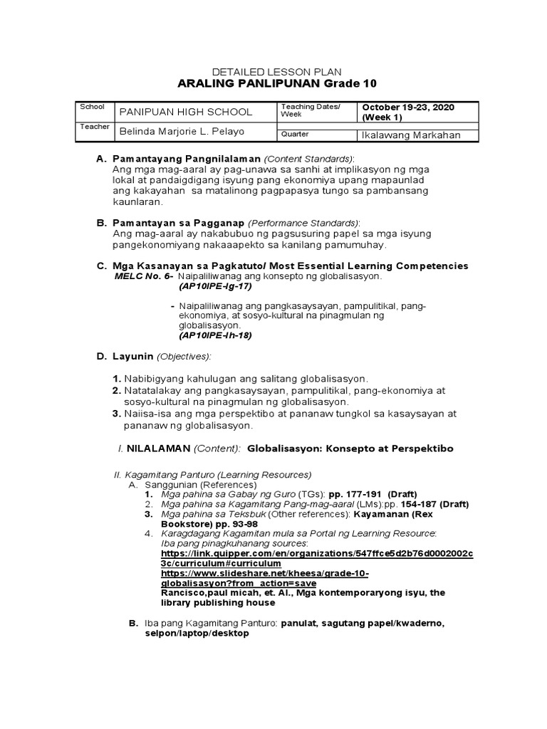 Detailed Lesson Plan Huling Bahagi Ng Kontemporaryong Isyu 1st Quarter