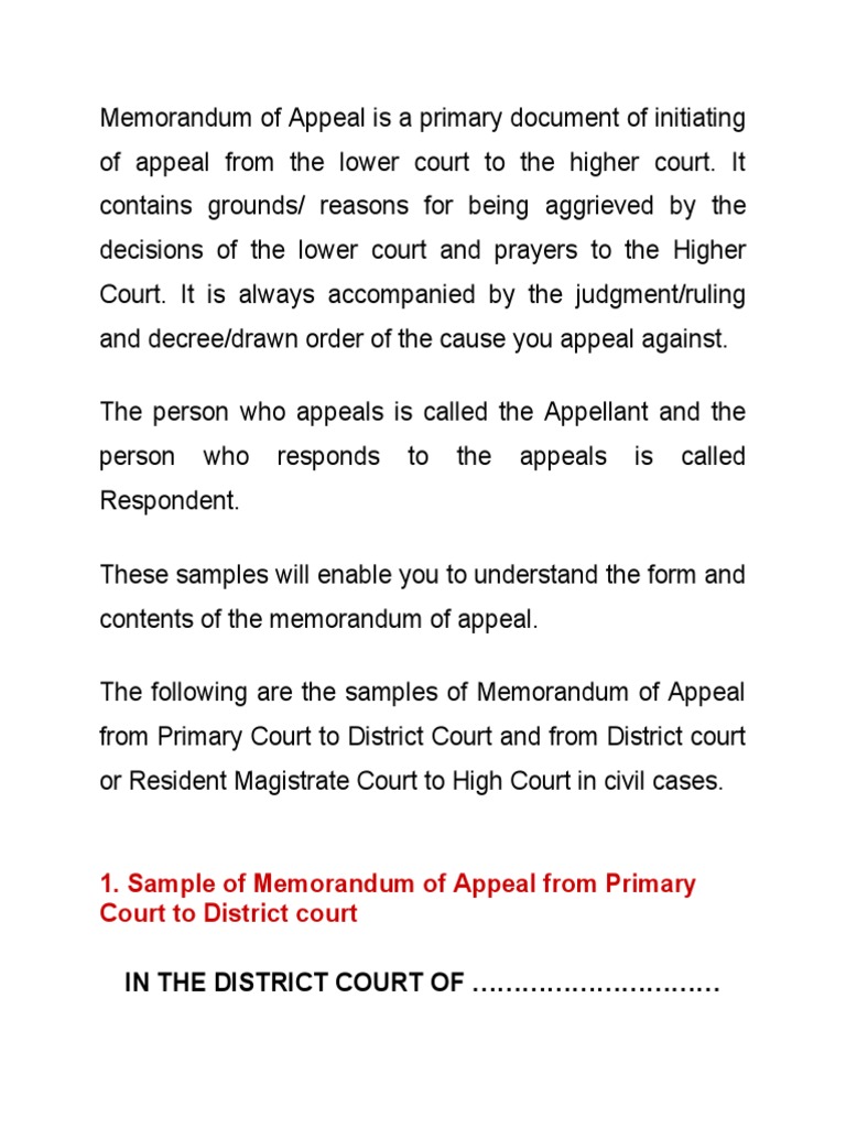 Memorandum of Appeal Appeal Judgment (Law)