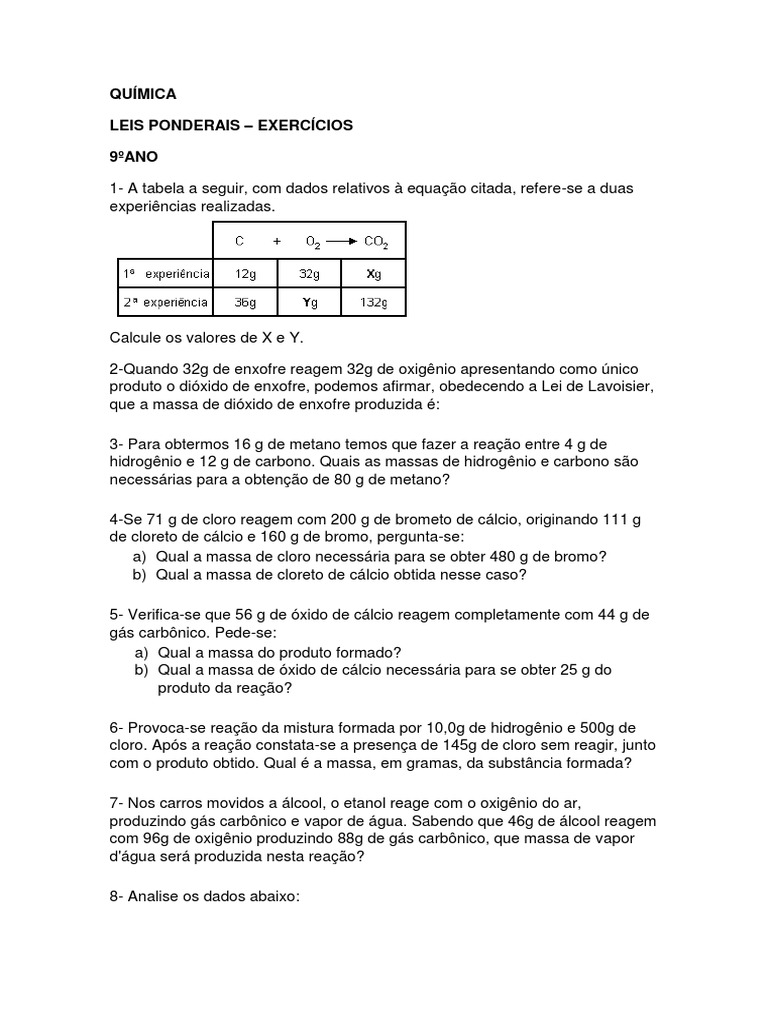 Exercícios de Leis Ponderais 9º Ano | PDF | Cloro | Hidrogênio