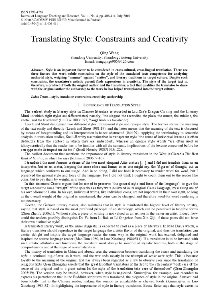 Translating Style: Constraints and Creativity: Qing Wang | PDF