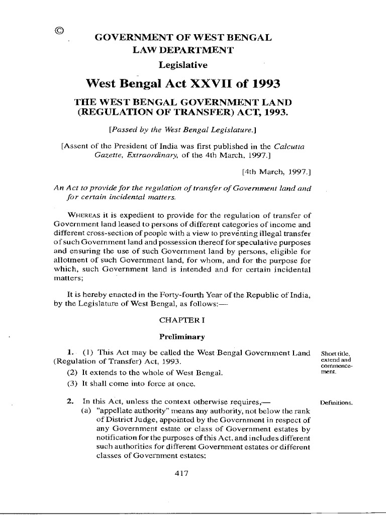 West Bengal Act XXVII of 1993 PDF Landlord Lease