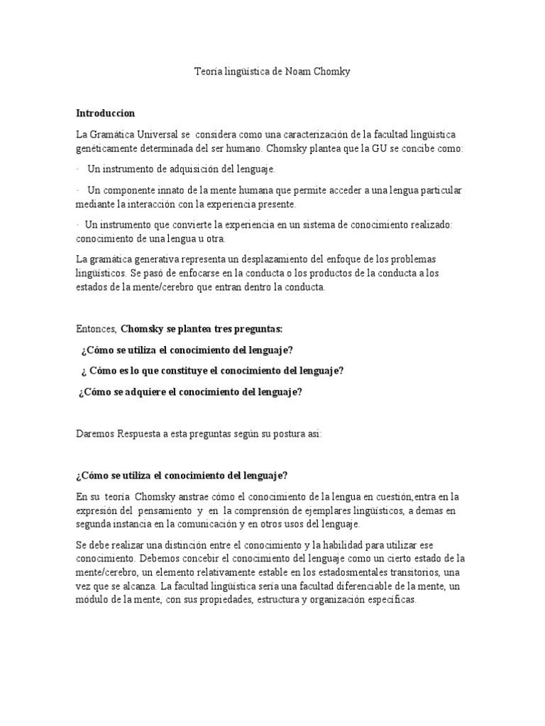 Teoría Lingüística De Noam Chomsky Pdf Aquisición De Idioma Noam