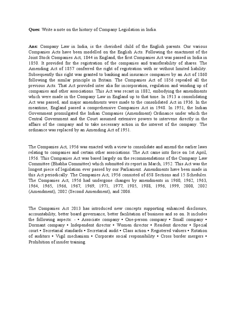 History of Company Legislation in India | PDF | Corporations | Business Law