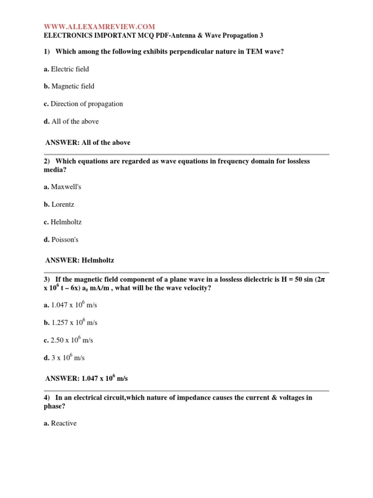 ELECTRONICS IMPORTANT MCQ PDFAntenna & Wave Propagation PDF PDF Antenna (Radio) Radio