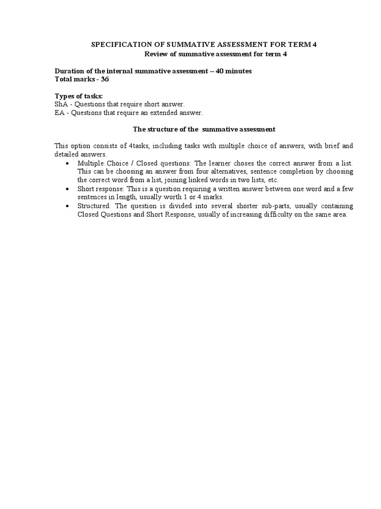 Specification of Summative Assessment For Term 4 | PDF | Educational ...