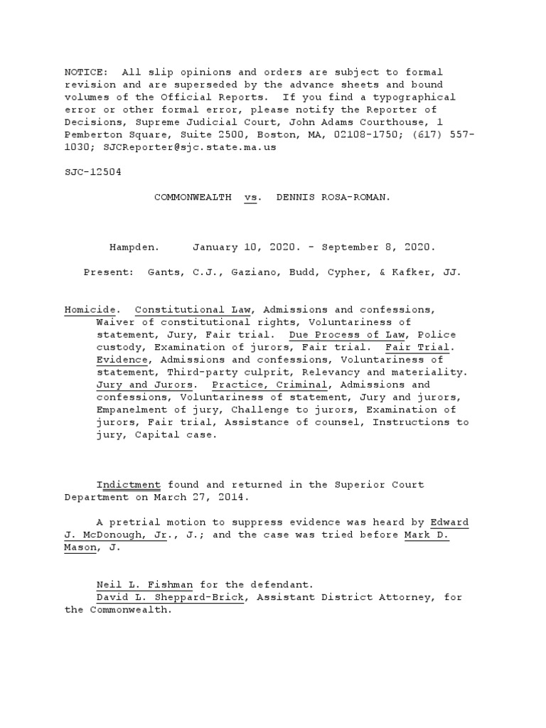 Massachusetts Supreme Judicial Court Denies New Trial For Murderer of