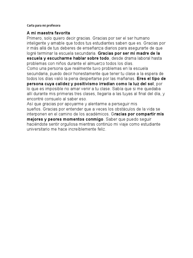 Carta a mi maestra favorita | PDF | Relaciones personales, crianza y ...