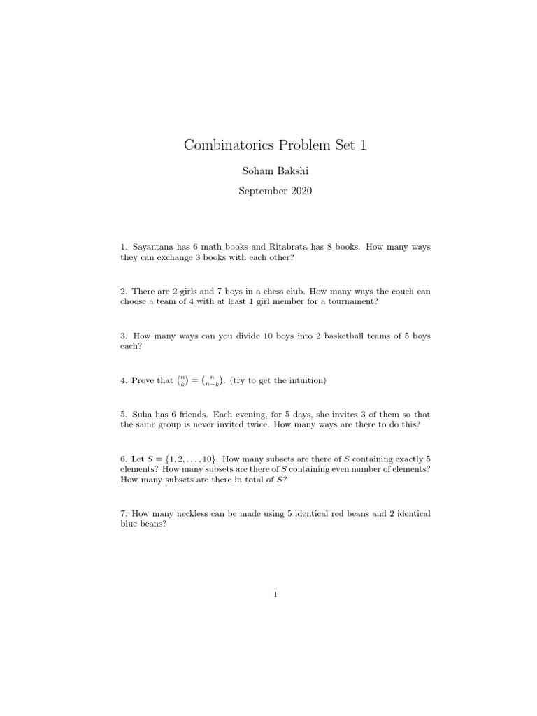 Combinatorics Problem Set 1: Soham Bakshi September 2020 | PDF