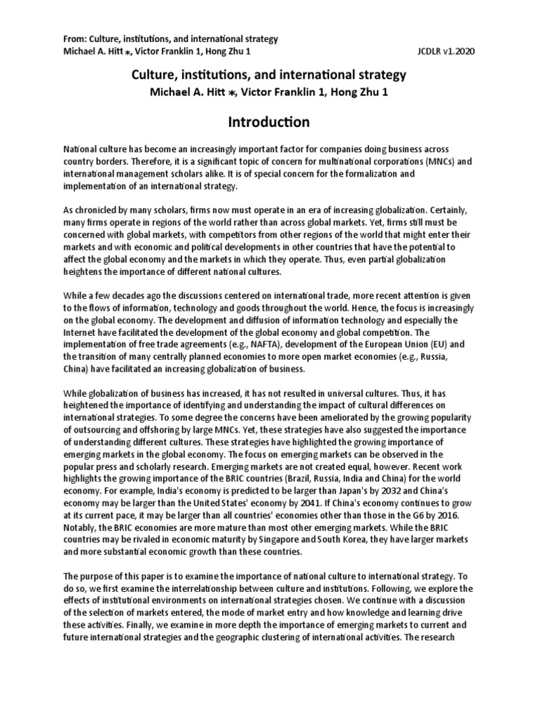 Culture's Impact on International Strategy | PDF | Mergers And ...