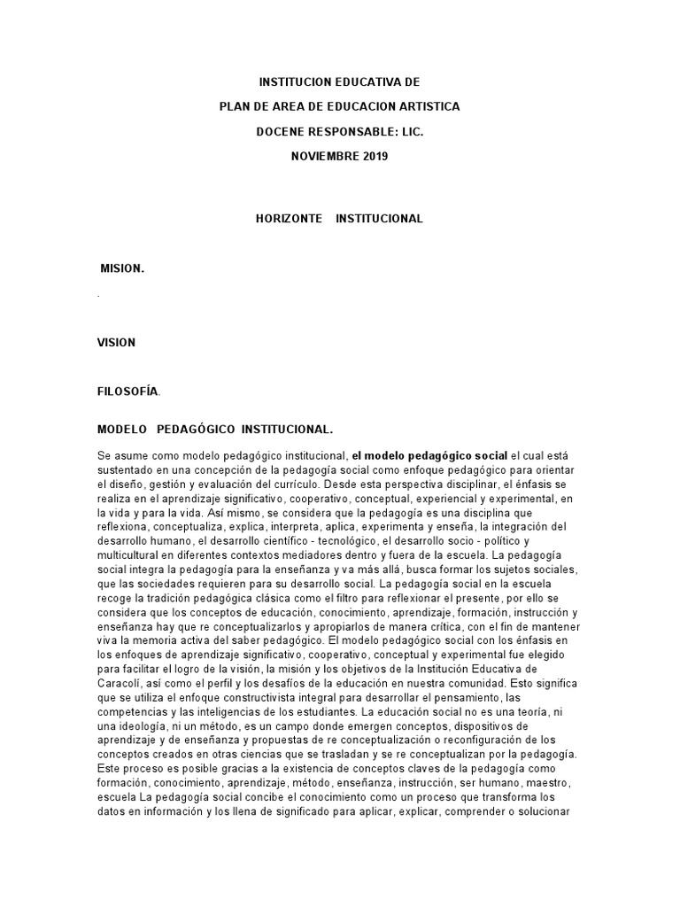 Plan de Artistica | PDF | Educación en artes visuales | Pedagogía