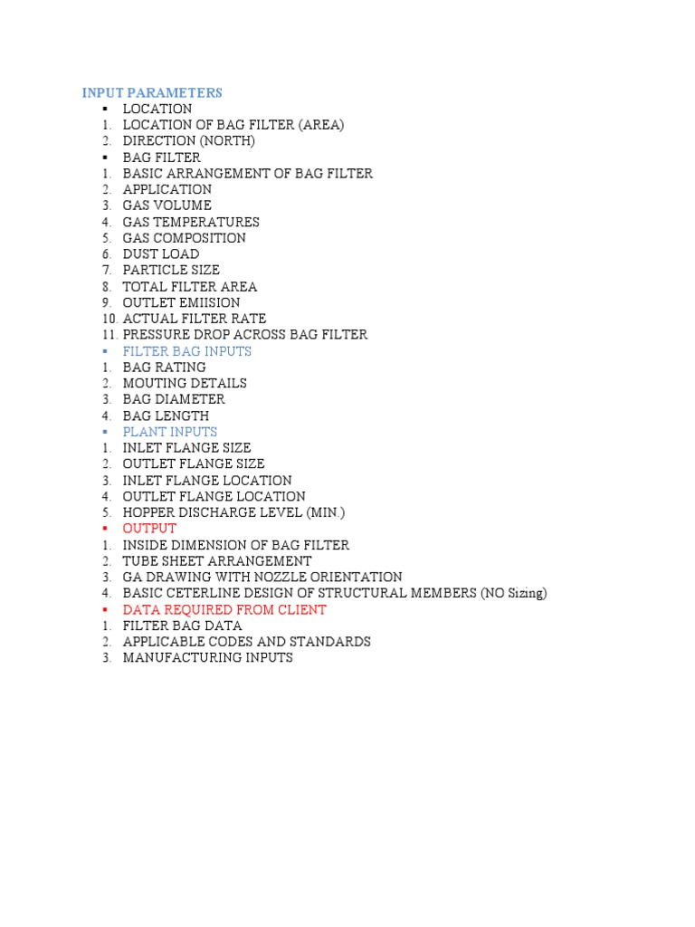 Bag Filter Design Parameters Input Requirements for Location Details, Filter Specifications