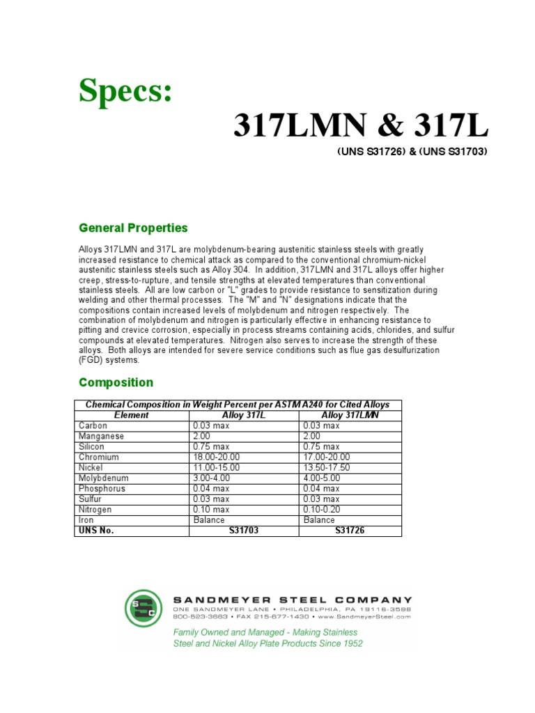 317lmn 317l Spec Sheet Pdf Stainless Steel Steel