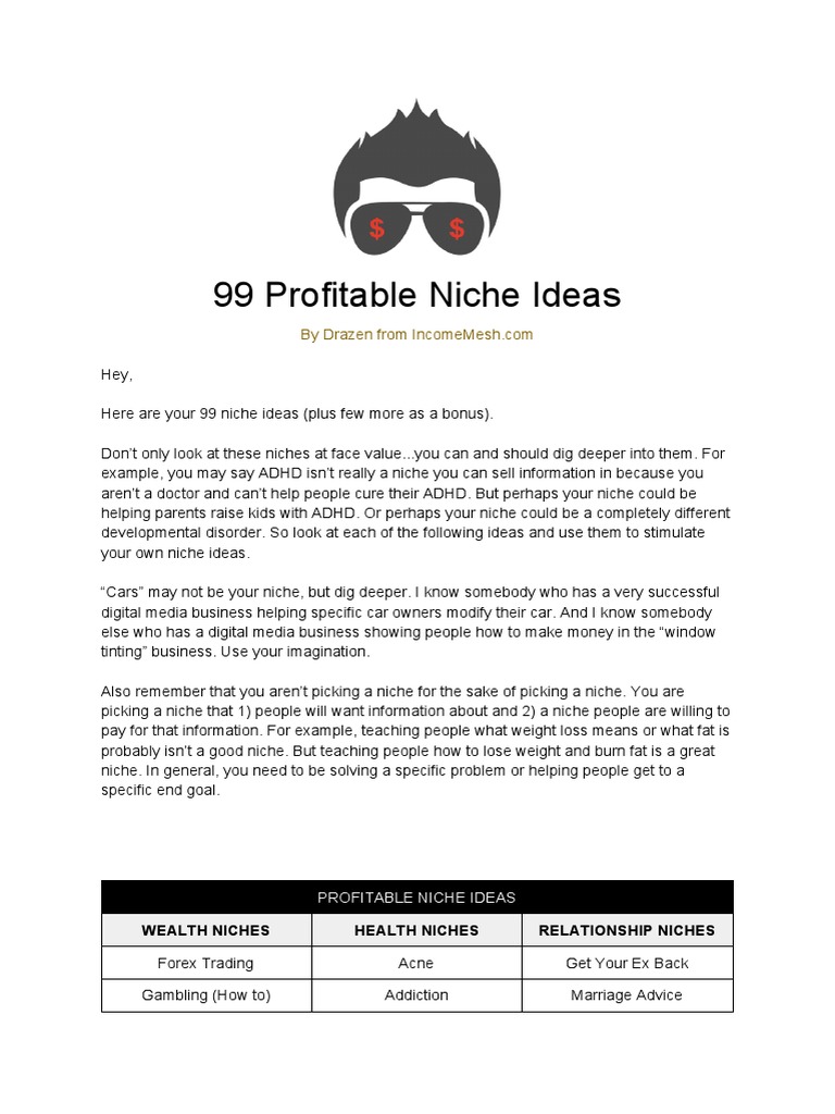 99 Profitable Niche Ideas Wealth Niches Health Niches Relationship