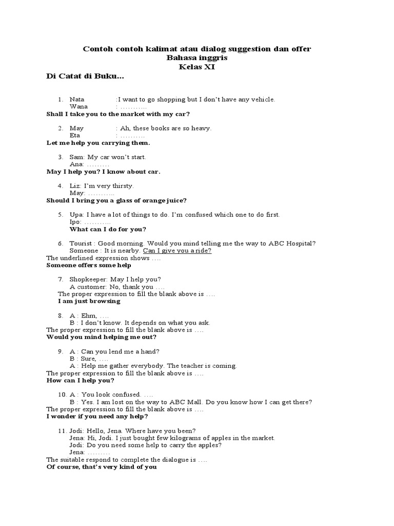 Contoh Contoh Kalimat Atau Dialog Suggestion Dan Offer