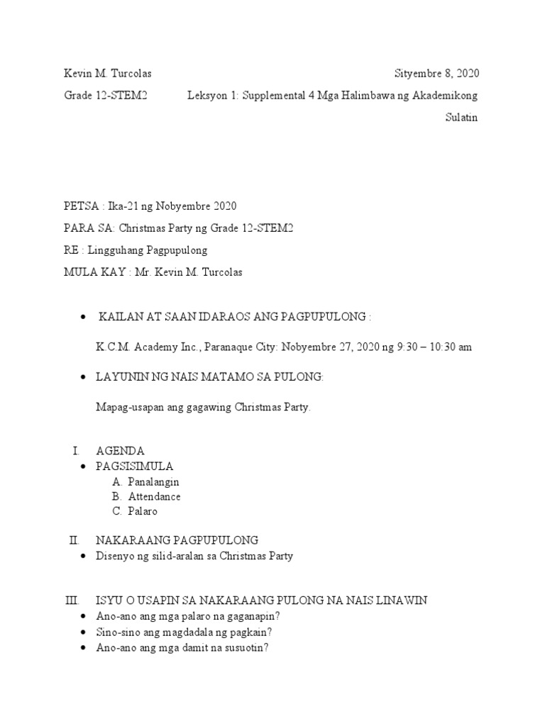 Halimbawa Ng Agenda