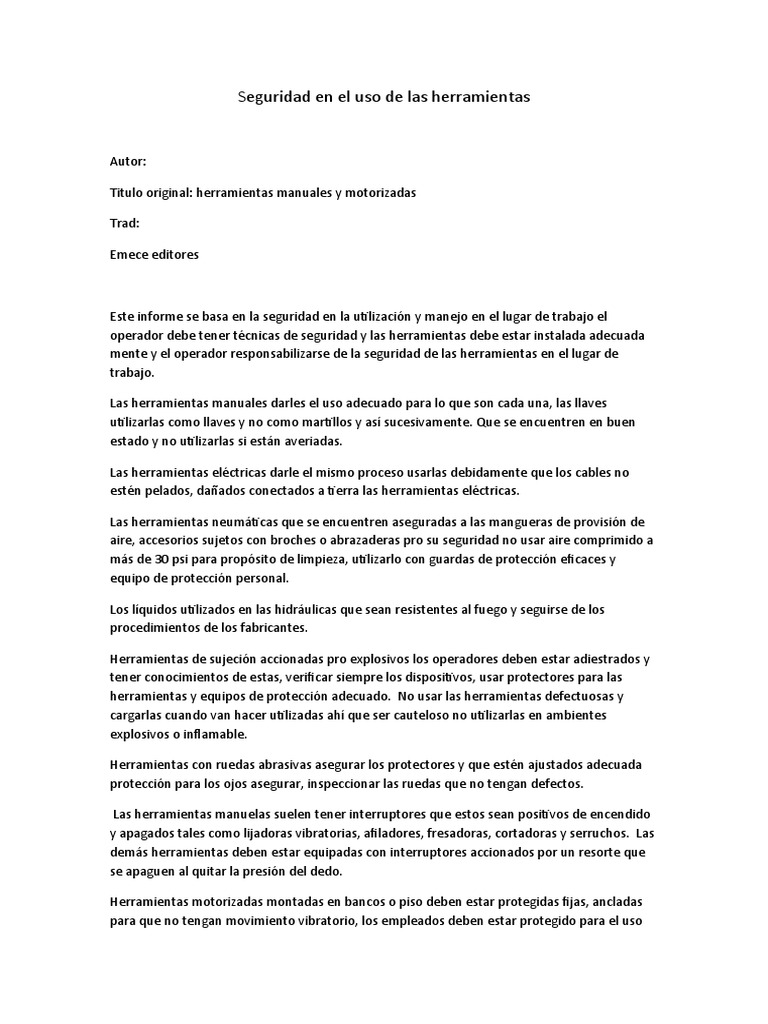 Seguridad en el Uso de Herramientas | PDF | Herramientas | Equipo