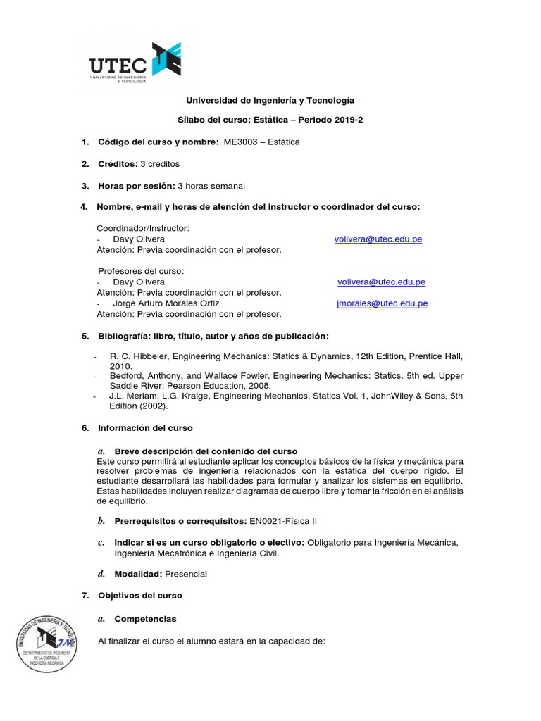 ME3003 Estática 2019-2 | PDF | Ingeniería mecánica | Física