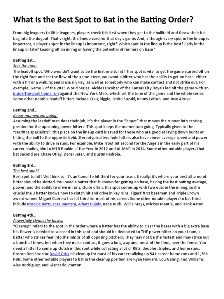 Best Batting Order Spots Explained | PDF | Baseball Positions ...