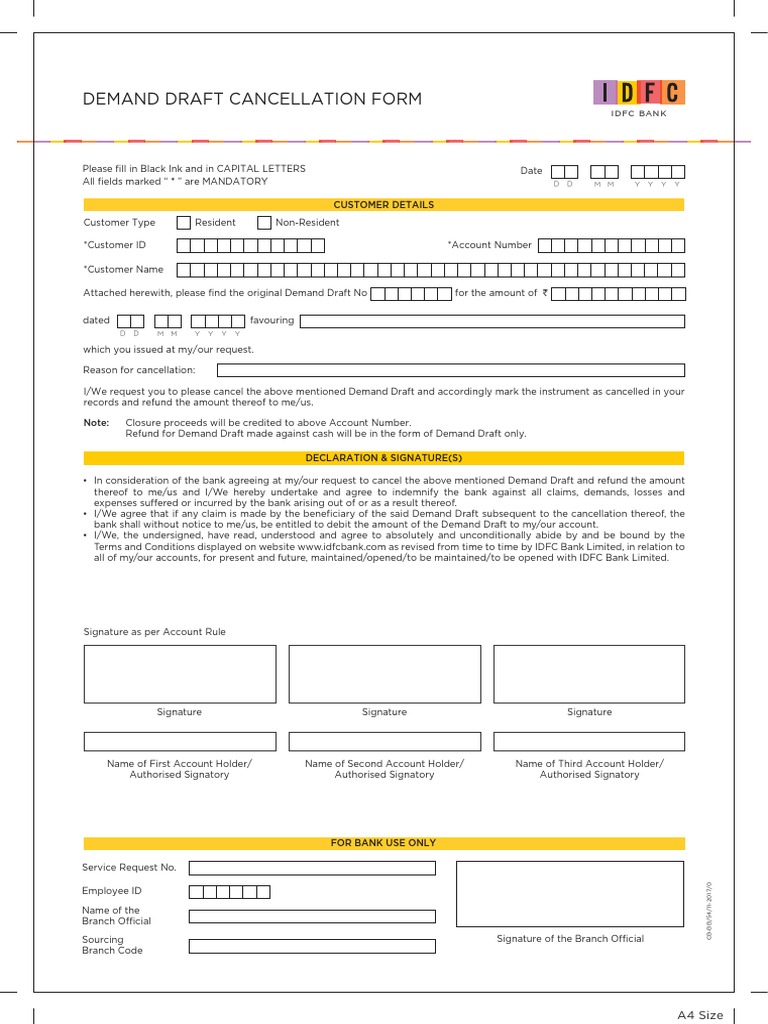 Demand Draft Cancellation Form: D D MM Y Y Y Y | PDF | Banks ...