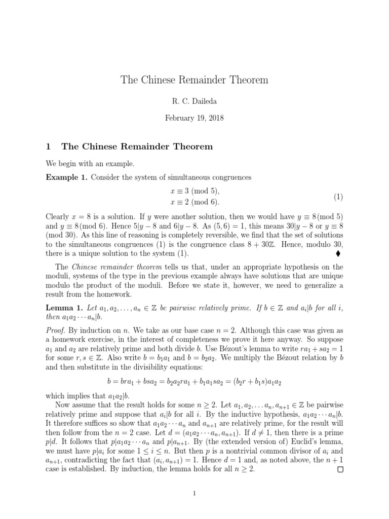 1 The Chinese Remainder Theorem | PDF | Ring (Mathematics ...