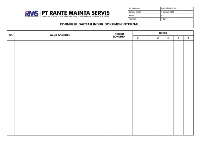 RMS - FFR.P01-001 - Formulir Daftar Induk Dokumen Internal | PDF