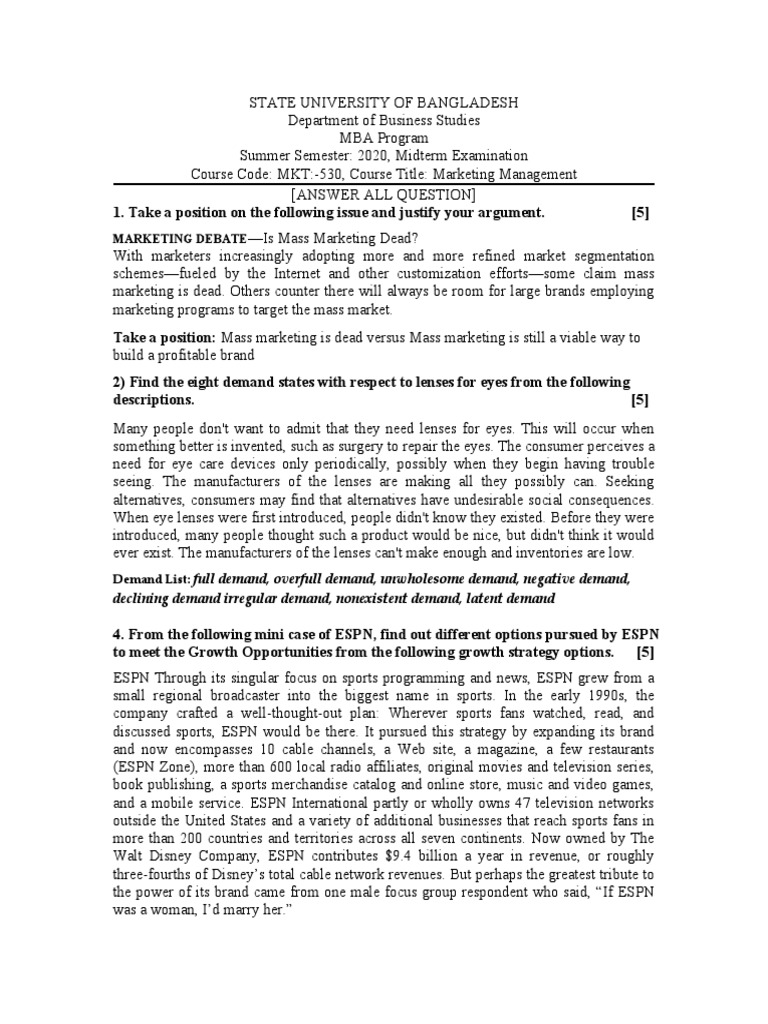 MBA Marketing Management Midterm Exam | PDF | Marketing | Demand