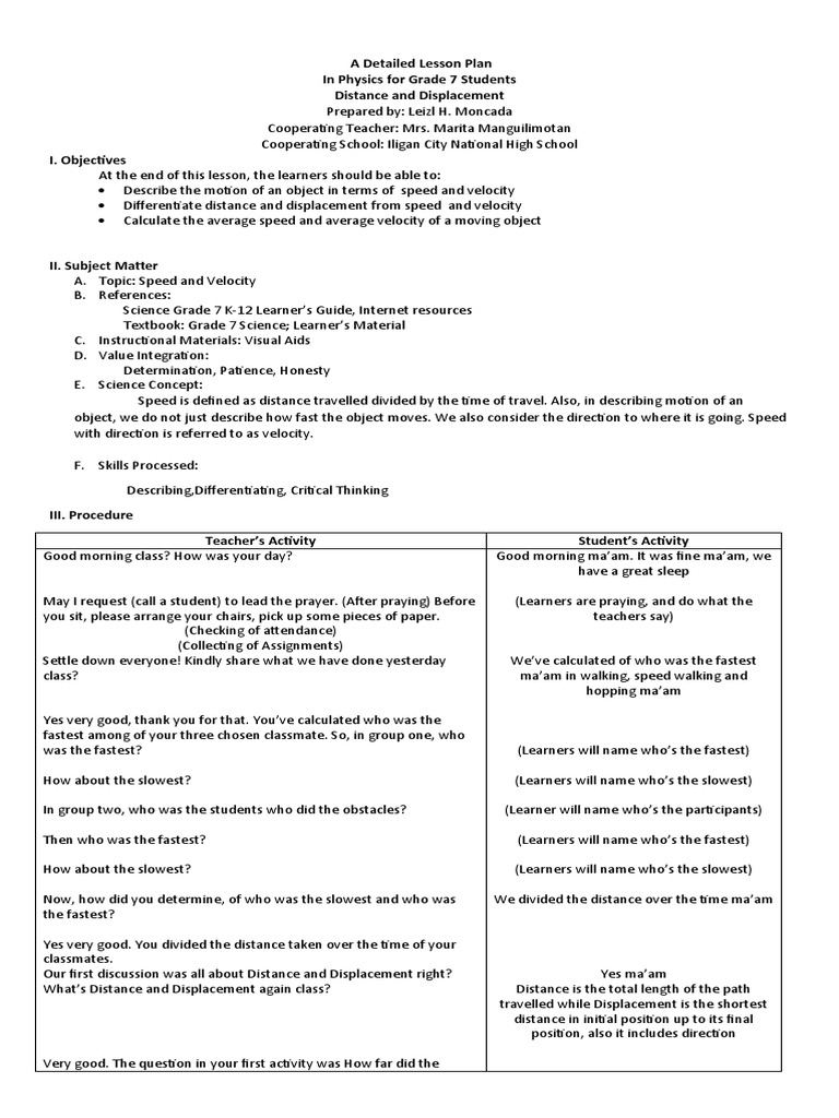 Speed and Velocity Lesson Plan 2 PDF Speed Velocity