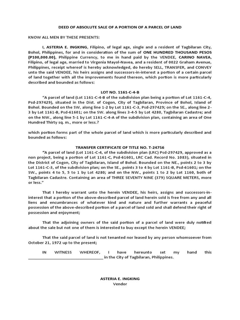 DEED OF ABSOLUTE SALE OF A PARCEL OF LAND Portion Navea PDF Real