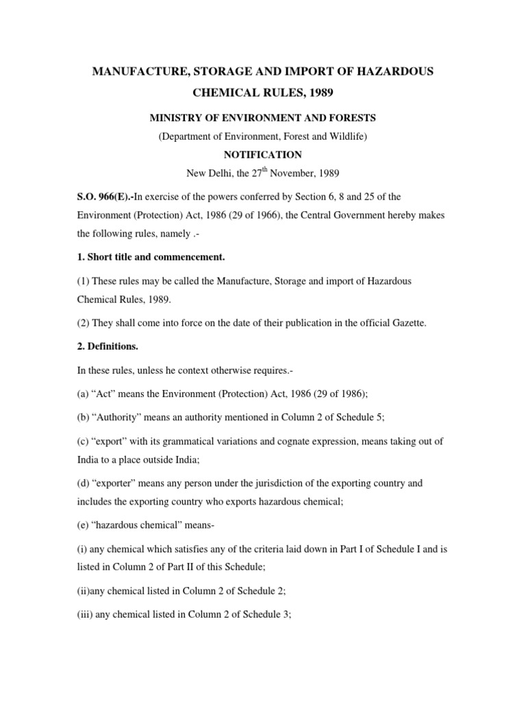 Manufacture, Storage and Import of Hazardous Chemical Rules, 1989 PDF