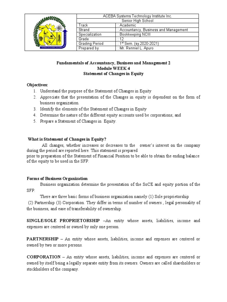 Statement of Changes in Equity Overview | PDF | Retained Earnings ...