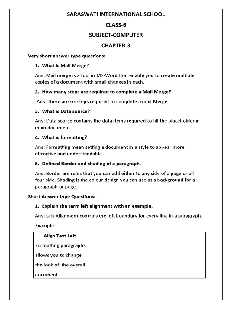 Saraswati International School Class-6 Subject-Computer Chapter-3 | PDF