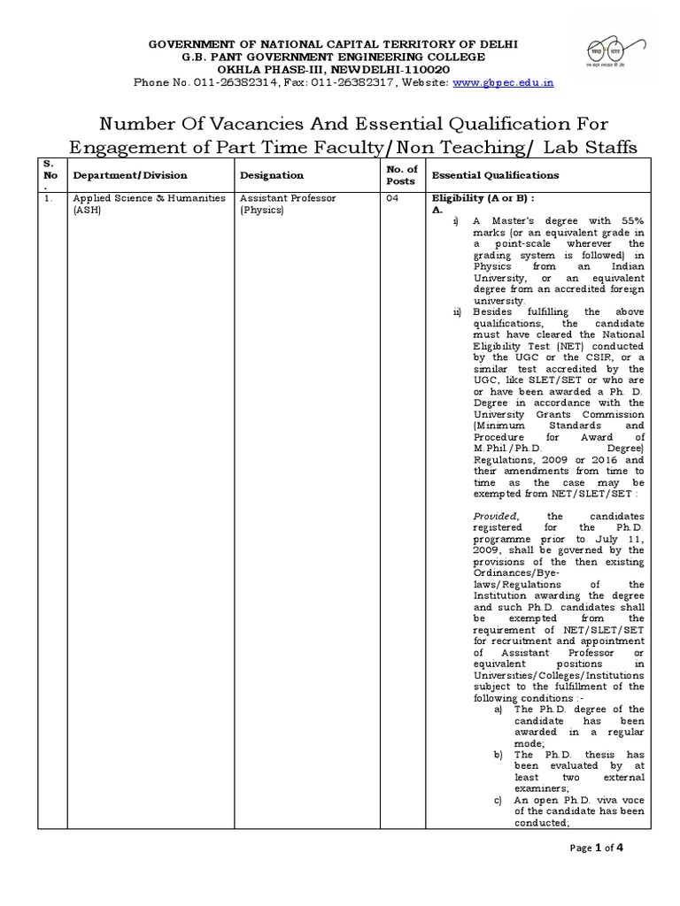 Part-Time Faculty Vacancies at GB Pant College | PDF | Doctor Of ...