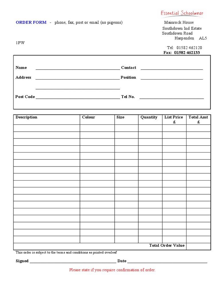 Essential Schoolwear - Order Form | PDF | Invoice | Prices
