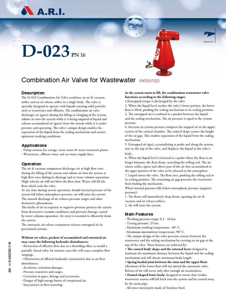 Combination Air Valve For Wastewater: Description | PDF | Valve ...
