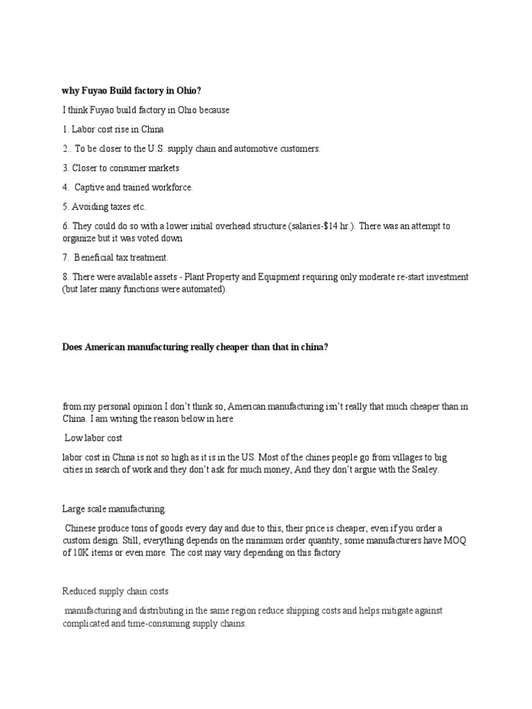 Why Fuyao Build Factory in Ohio? PDF Labour Economics China