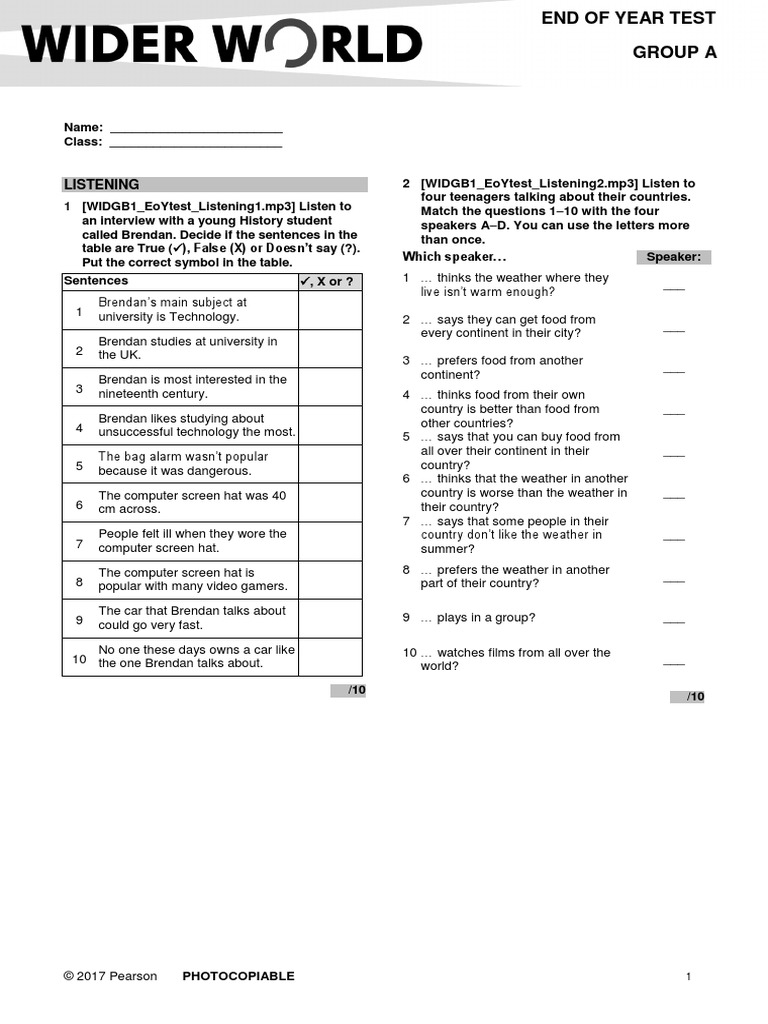 Wider World 1 - End of The Year Test - A | PDF | Desert | Entertainment ...