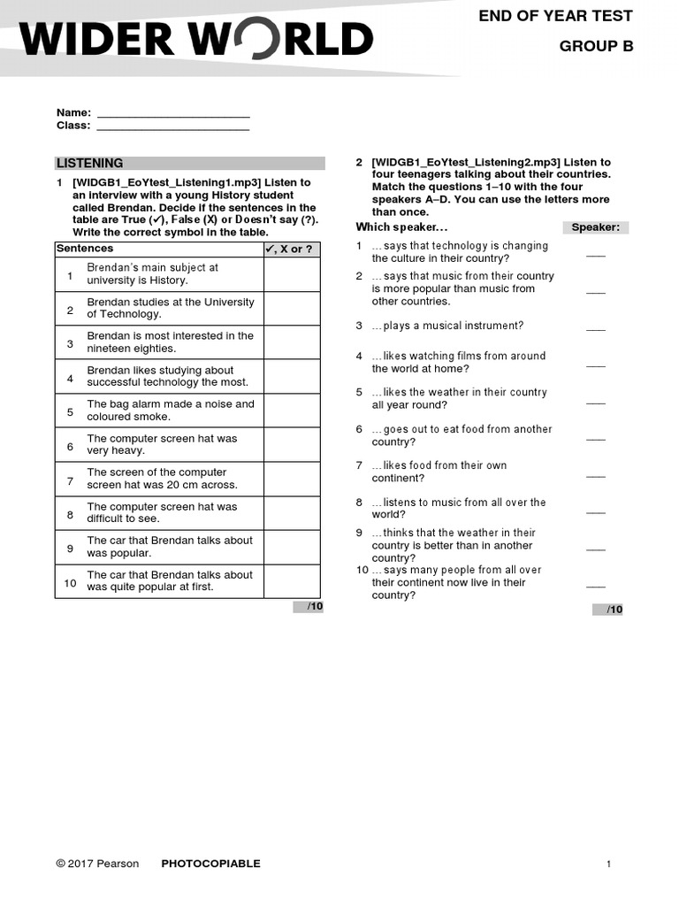 Wider World 1 - End of The Year Test - B | PDF | Antarctica