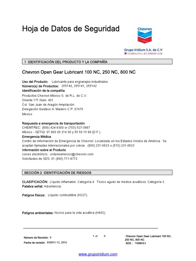 Chevron Open Gear Lubricant 100 NC, 250 NC, 800 NC Sds PDF PDF