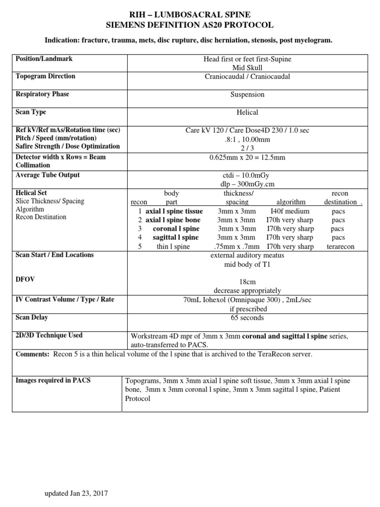 Rih - Lumbosacral Spine Siemens Definition As20 Protocol | PDF