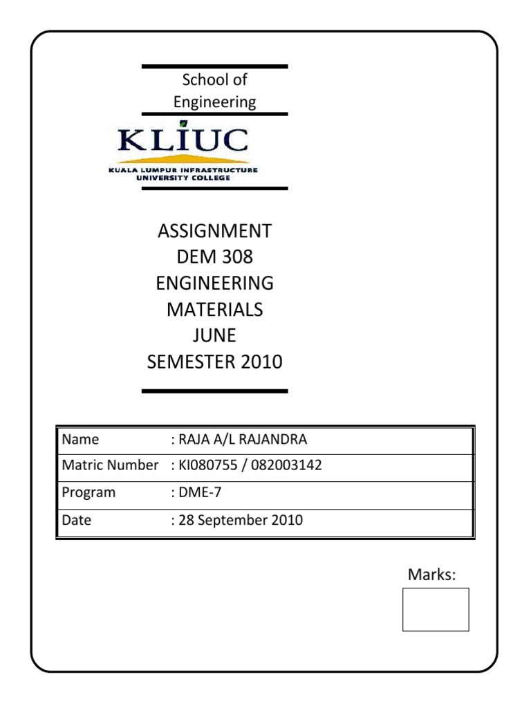 Assignment DEM 308 Engineering Materials June Semester 2010 | PDF