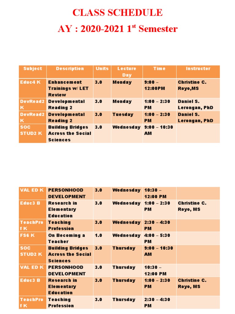 2020-2021 1st Semester Class Schedule | PDF | Social Science