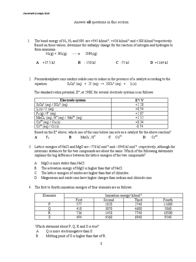 Chemistry Exam Questions and Answers | PDF | Chlorine | Oxide