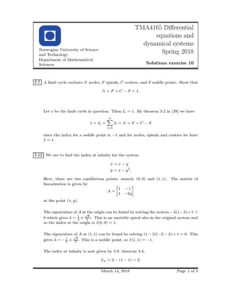 TMA4165 Differential Equations and Dynamical Systems Spring 2018 PDF