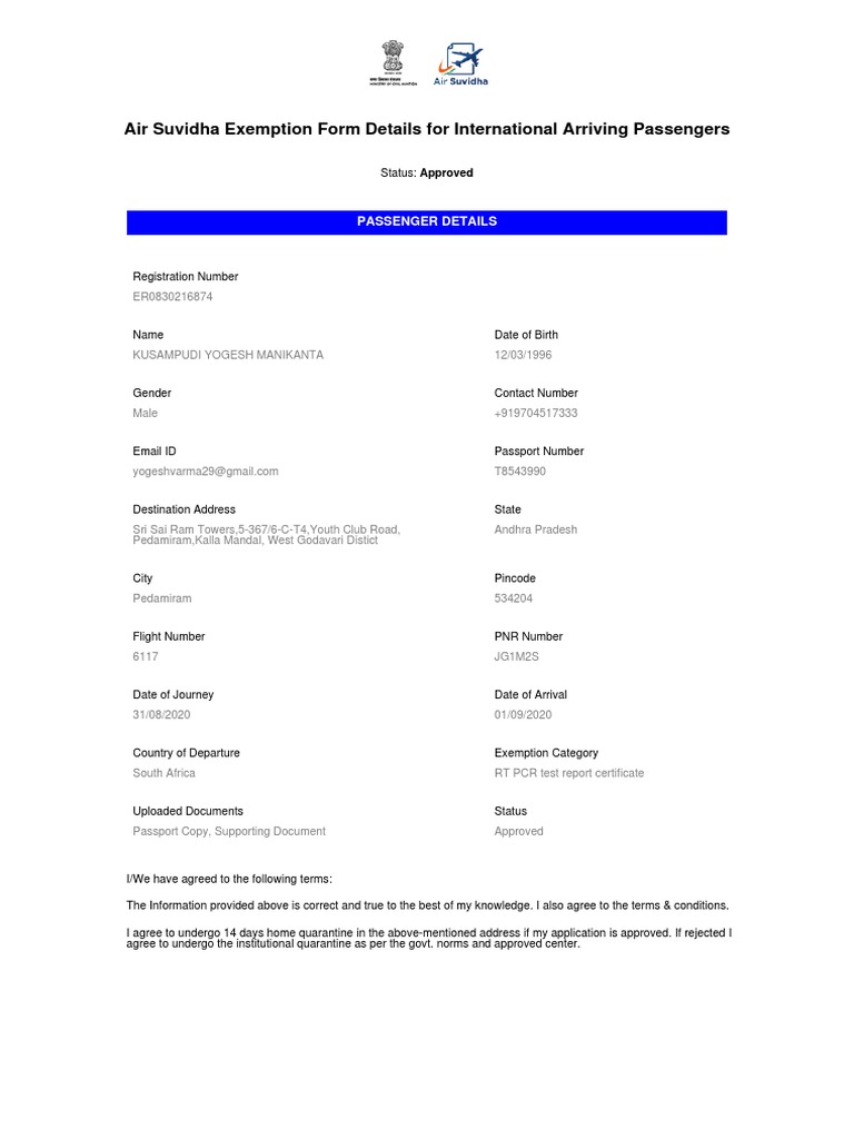 Air Suvidha Exemption Form Details For International Arriving 