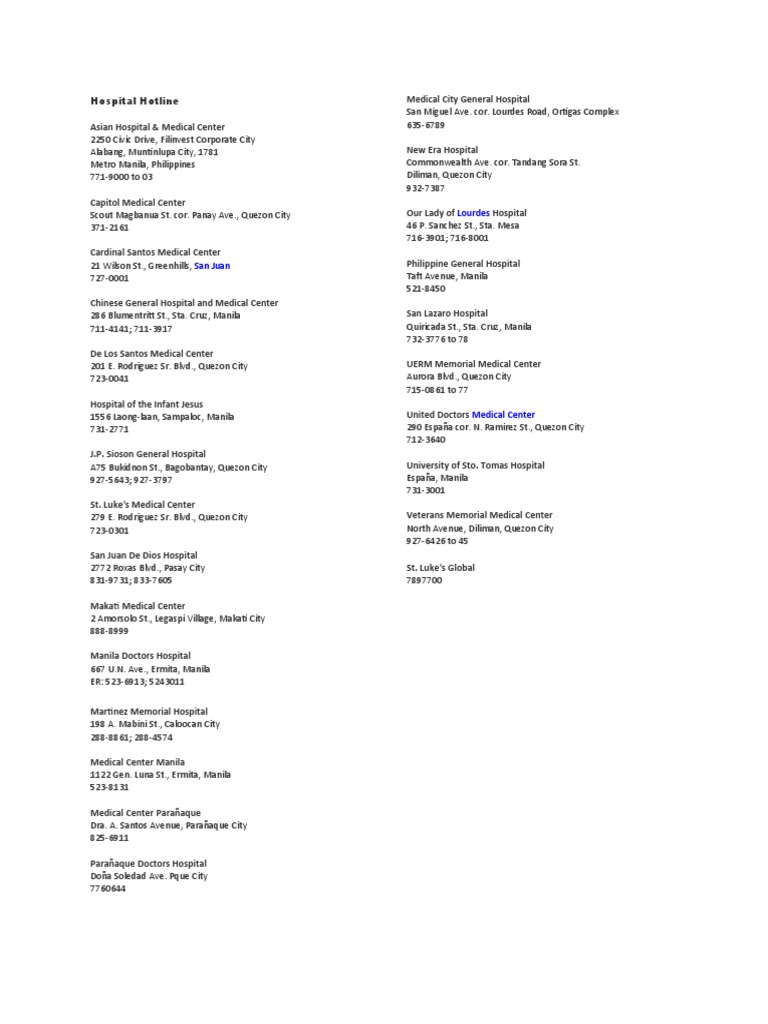 Hospital Hotline | PDF | Manila | Metro Manila