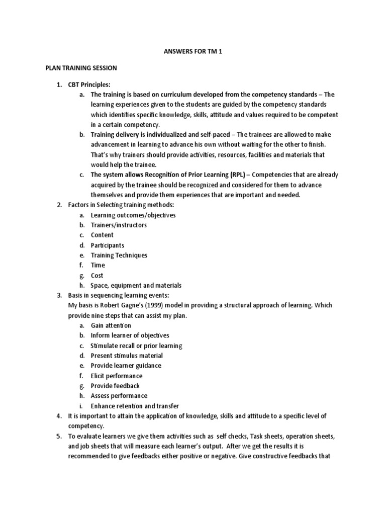 Answers For TM 1 Plan Training Session 1. CBT Principles: A. The ...
