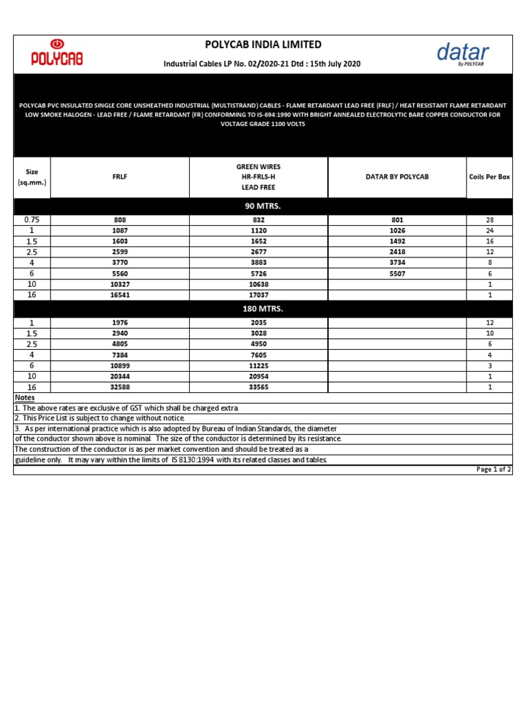 Polycab Industrial Cable Price List | PDF | Electrical Conductor ...