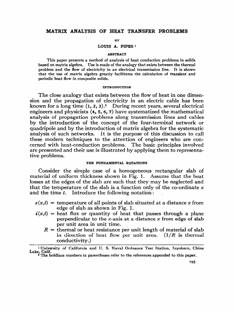 Matrix Analysis of Heat Transfer Problems e (X, T) I (X, T) PDF